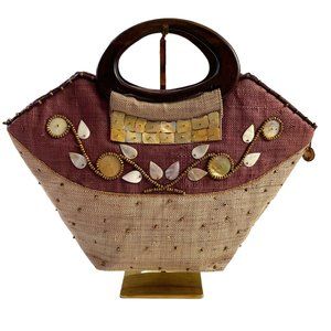 Vintage WOODEN HANDLE Woven Embellished Beaded Lined Pockets Zip Closure Purse